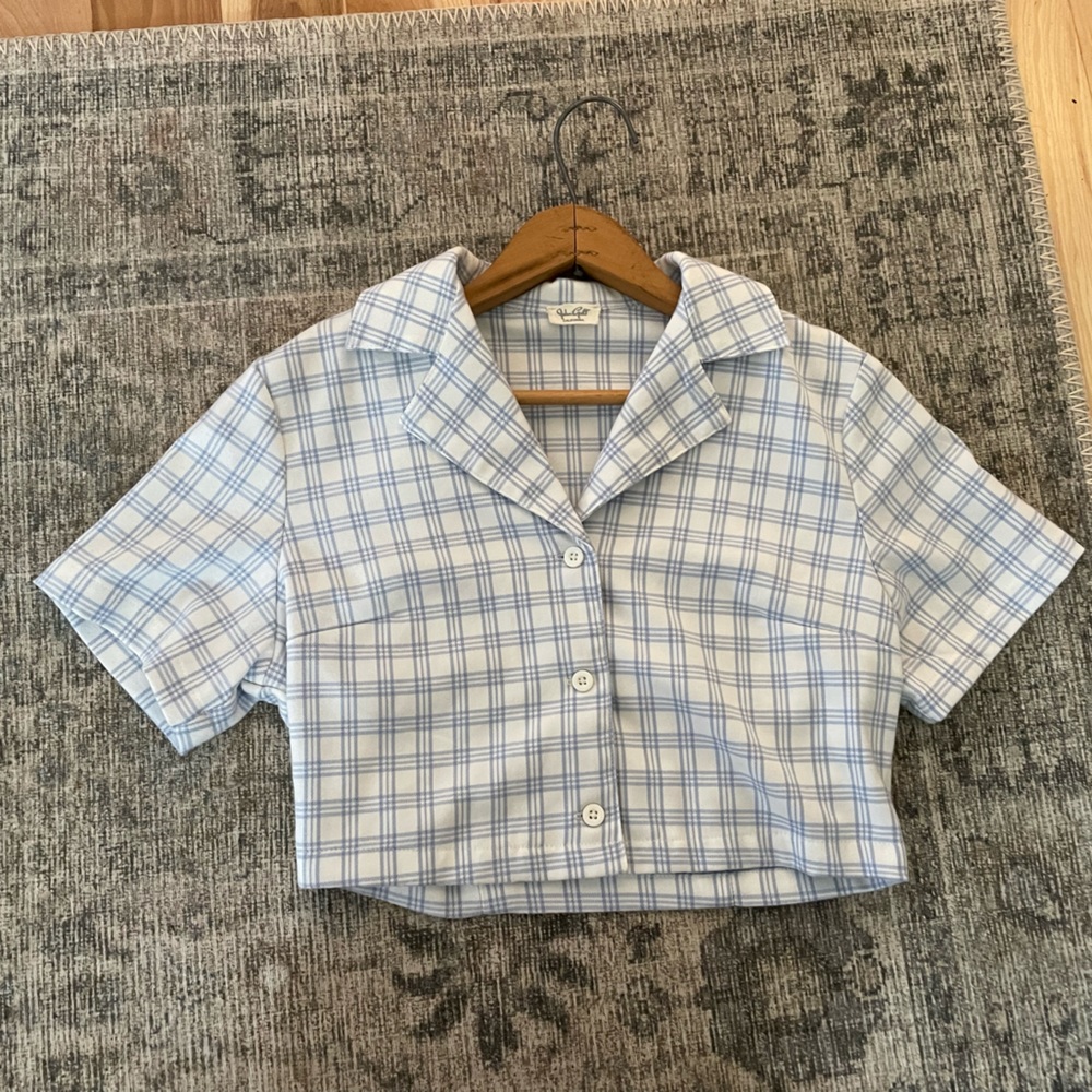 John Galt California Brandy Melville NWOT Blue Plaid Short Sleeve Crop Top